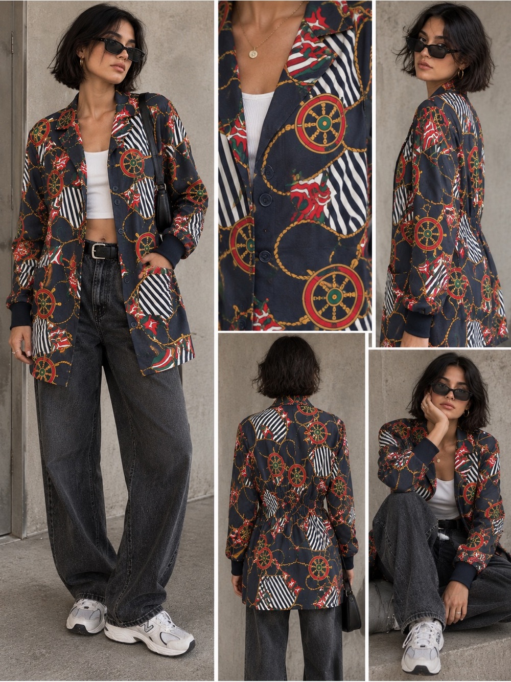 Vintage Landau Nautical Print Jacket L Made USA Cinched Waist